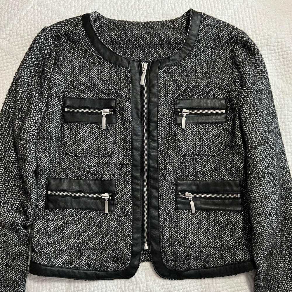 Black and white tweed knit jacket with zipper pockets